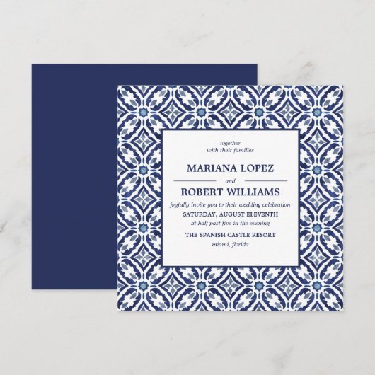 Navy Azulejo | Spaans Tegel Pattern Wedding Kaart (Voorkant / Achterkant)