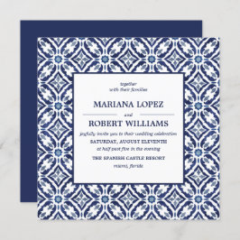 Navy Azulejo | Spaans Tegel Pattern Wedding Kaart