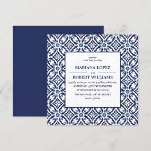 Navy Azulejo   Spaans Tegel Pattern Wedding Kaart