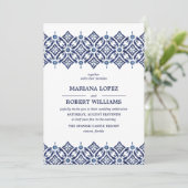 Navy Azulejo | Spaanse Tegel border lace Wedding Kaart (Staand voorkant)