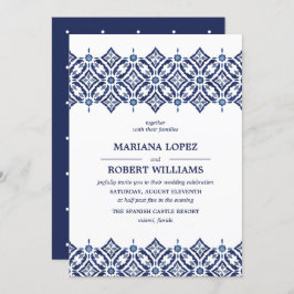 Navy Azulejo | Spaanse Tegel border lace Wedding Kaart