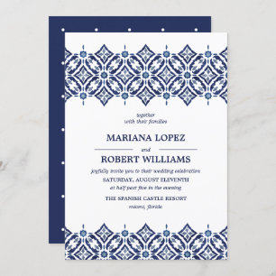 Navy Azulejo   Spaanse Tegel border lace Wedding Kaart