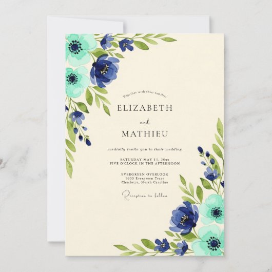 Navy Azure Floral Nature Wedding Kaart (Voorkant)