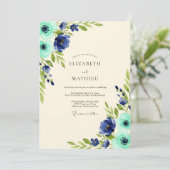 Navy Azure Floral Nature Wedding Kaart (Staand voorkant)