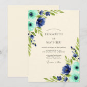 Navy Azure Floral Nature Wedding Kaart (Voorkant / Achterkant)