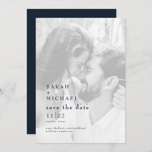 Navy B/W Fotobruiloft Bewaar de datum Save The Date (Voorkant / Achterkant)