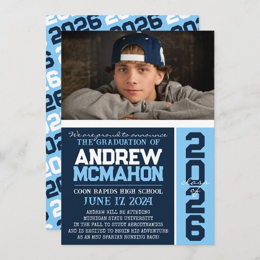 Navy & Baby Blauw Afstuderen Foto Aankondiging