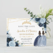 Navy Baby Blauw Bloemen Tweeling Quinceanera Sweet Save The Date (Staand voorkant)