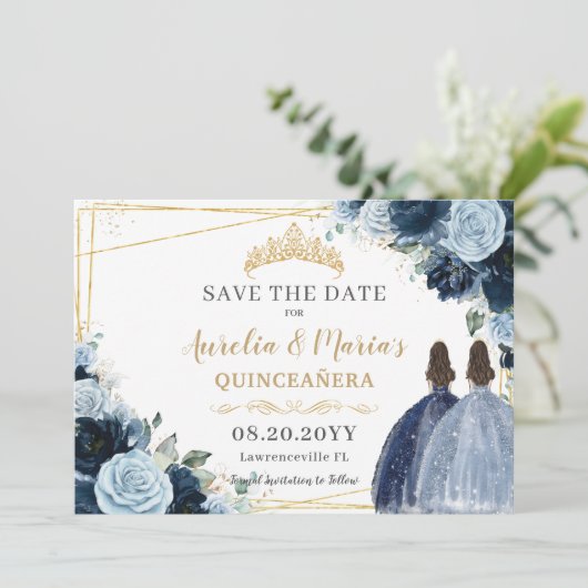 Navy Baby Blauw Bloemen Tweeling Quinceanera Sweet Save The Date (Staand voorkant)