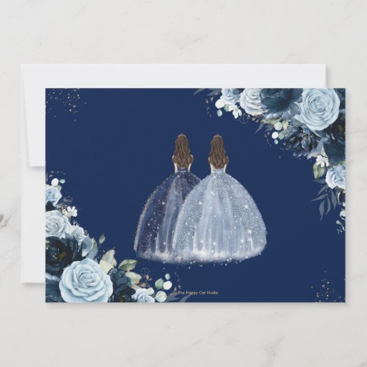 Navy Baby Blauw Bloemen Tweeling Quinceanera Sweet Save The Date (Achterkant)