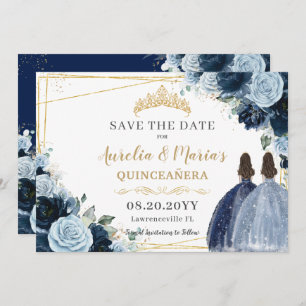 Navy Baby Blauw Bloemen Tweeling Quinceanera Sweet Save The Date
