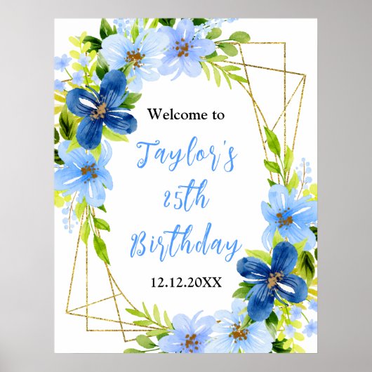 Navy Baby Blauw Bloemen Verjaardagsfeest Welkomstb Poster (Voorkant)