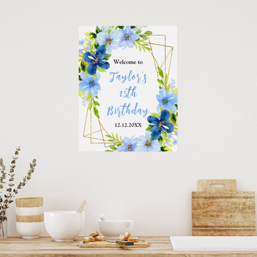 Navy Baby Blauw Bloemen Verjaardagsfeest Welkomstb Poster (Keuken)