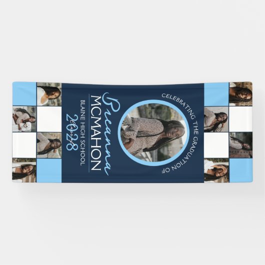 Navy & Baby Blue 9 Fotocollage Afstuderen Vinyl Spandoek (Horizontaal)