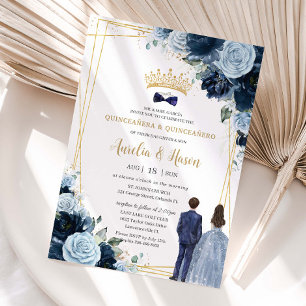 Navy Baby Blue Bloem Twins Jongen Meisje Quinceane Kaart