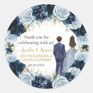 Navy Baby Blue Bloem Twins Jongen Meisje Quinceane Ronde Sticker