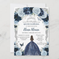 Navy Baby Blue Bloem Vintage Zilver Quinceanera