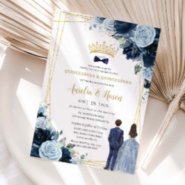 Navy Baby Blue Floral Twins Boy Girl Quinceanera Kaart