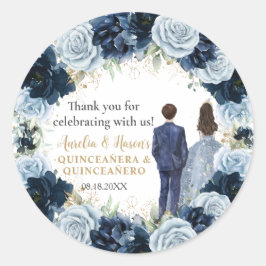Navy Baby Blue Floral Twins Boy Girl Quinceanera Ronde Sticker