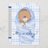 Navy Baby Blue Gingham Baby Boy Douche Uitnodiging (Voorkant / Achterkant)