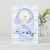 Navy Baby Blue Gingham Baby Boy Douche Uitnodiging (Staand voorkant)