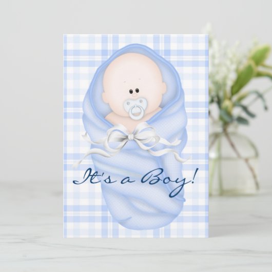 Navy Baby Blue Gingham Baby Boy Douche Uitnodiging (Staand voorkant)