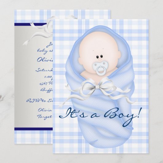 Navy Baby Blue Gingham Baby Boy Douche Uitnodiging (Voorkant / Achterkant)