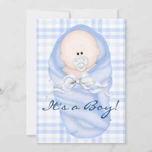 Navy Baby Blue Gingham Baby Boy Shower Invitations Kaart
