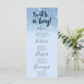 Navy Baby Blue Glitter Het is een Baby shower. Menu (Staand voorkant)