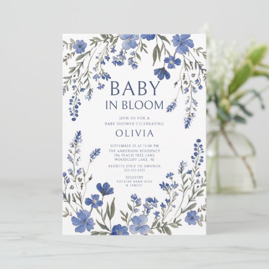 Navy Baby in Bloom Shower Invitation Kaart (Staand voorkant)