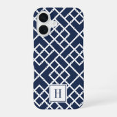 Navy bamboe roosterpatroon monogram iPhone 16 hoesje (Achterkant)