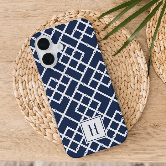 Navy bamboe roosterpatroon monogram iPhone 16 hoesje