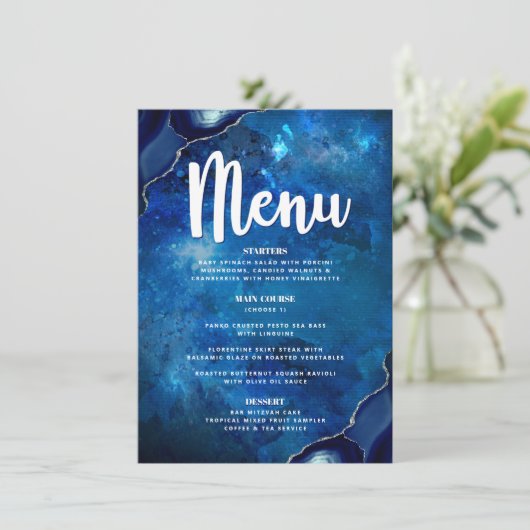 Navy Bar Mitzvah Galaxy Waterverf Agaat Script Menu (Staand voorkant)