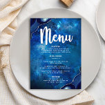 Navy Bar Mitzvah Galaxy Waterverf Agaat Script Menu<br><div class="desc">Wees trots, verheug en toon deze mijlpaal van je favoriete Bar Mitzvah met een viering om trots op te zijn! Vertrek uw gasten met dit verbluffende, moderne menu van de partijmaaltijd, met een wit kalligrafiescript, gewaagde witte typografie, en stalen blauwe geaarde stenen voorzien van faux zilveren aderen, allemaal bedekt met...</div>