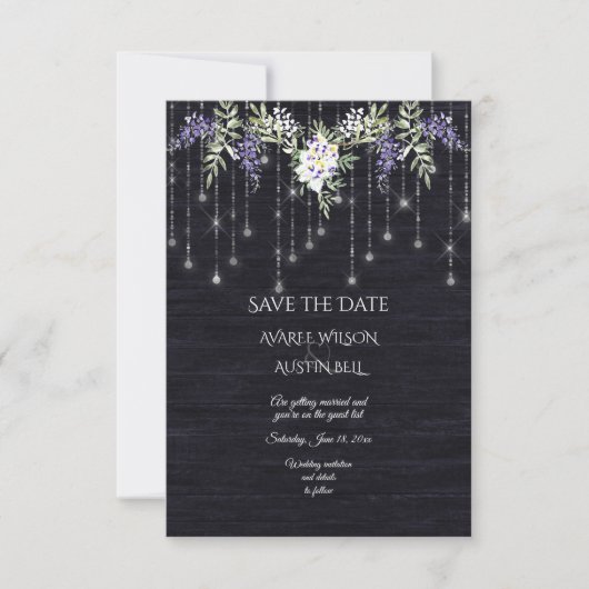 Navy Barnboard String Lights Wisteria Save The Date (Voorkant)