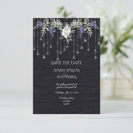 Navy Barnboard String Lights Wisteria Save The Date (Staand voorkant)