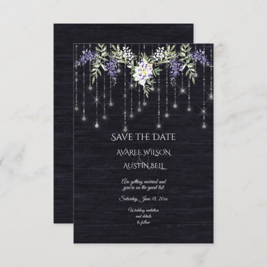 Navy Barnboard String Lights Wisteria Save The Date (Voorkant / Achterkant)