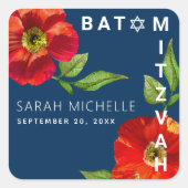 Navy Bat Mitzvah Floral Waterverf Modern Bold Vierkante Sticker (Voorkant)