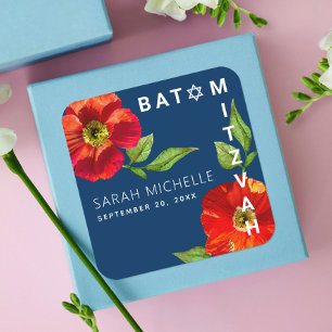 Navy Bat Mitzvah Modern Bold Bloemen Waterverf Vierkante Sticker
