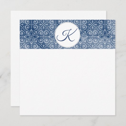 Navy Batik Monogram Flat Note Card Feestdagenkaart (Voorkant / Achterkant)