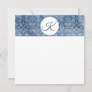 Navy Batik Monogram Flat Note Card Feestdagenkaart