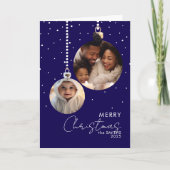 Navy Bauble Family Photo Christmas Card With Snow Kaart (Voorkant)