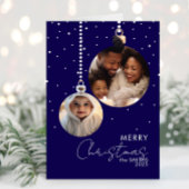 Navy Bauble Family Photo Christmas Card With Snow Kaart