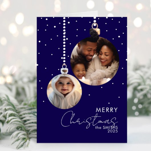 Navy Bauble Family Photo Christmas Card With Snow Kaart