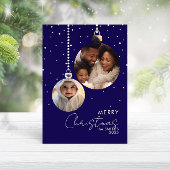 Navy Bauble Family Photo Christmas Card With Snow Kaart