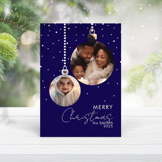 Navy Bauble Family Photo Christmas Card With Snow Kaart