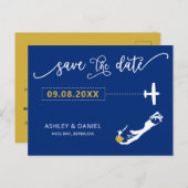 Navy Bermuda Wedding Save the Date Map Briefkaart (Voorkant / Achterkant)