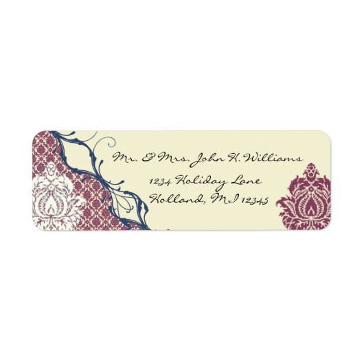 Navy & Berry Berry Elegant Damask Peacock Wedding Etiket (Voorkant)
