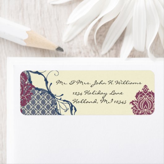 Navy & Berry Berry Elegant Damask Peacock Wedding Etiket (Insitu)