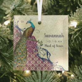 Navy & Berry Berry Elegant Damask Peacock Wedding Glas Ornament